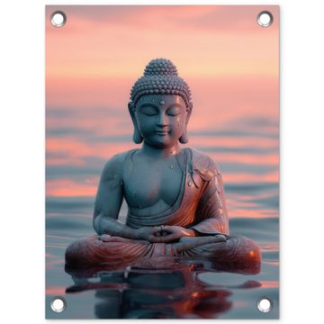 Tuinposter - Mediterende Boeddha bij zonsondergang