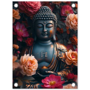 Tuinposter - Boeddhabeeld omgeven door bloemen
