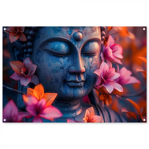 Tuinposter - Boeddha omgeven door kleurrijke bloemen