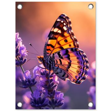 Tuinposter - Vlinder op lavendel bij zonsondergang