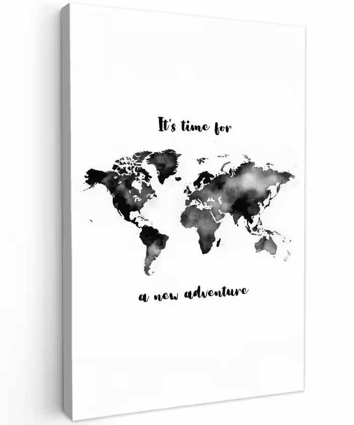 Buiten canvas - Avontuur - Quote - Wereldkaart - Zwart