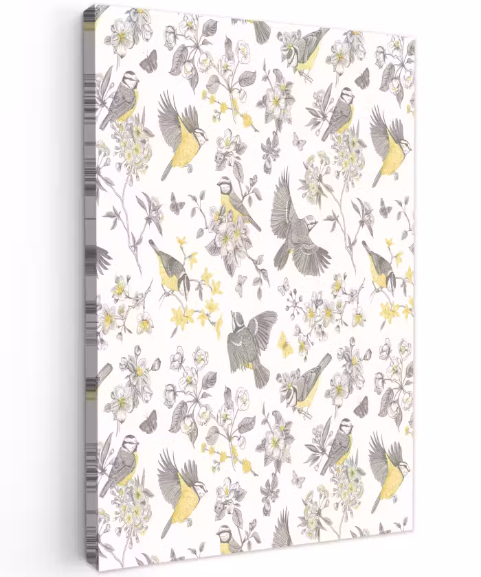 Buiten canvas - Birds - Flowers - Gray - Yellow