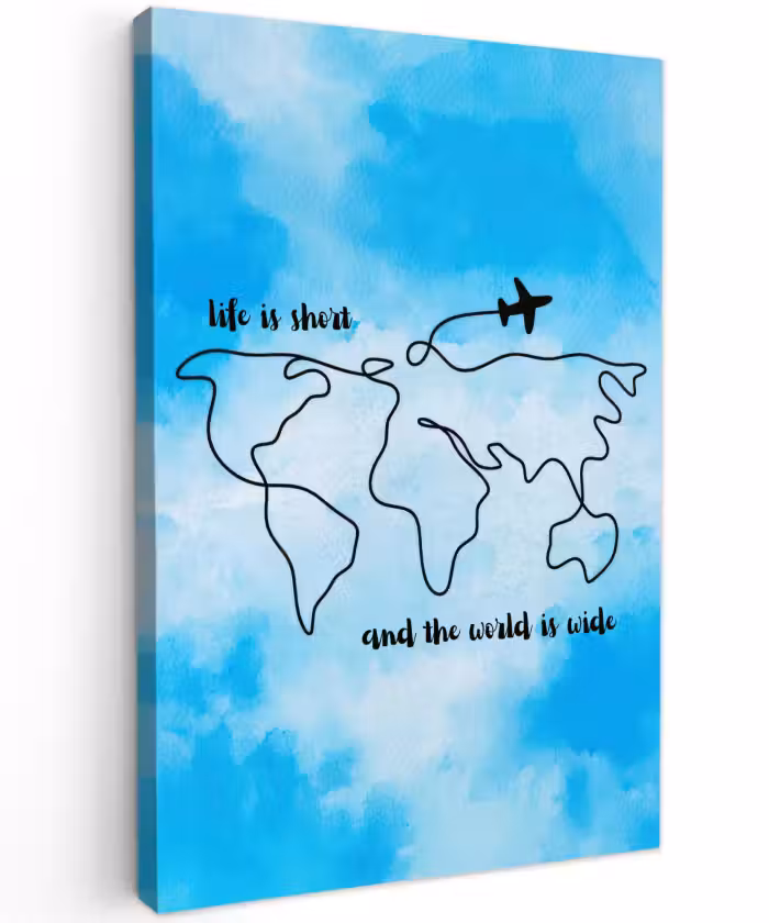 Buiten canvas - Blauw - Quote - Wereldkaart