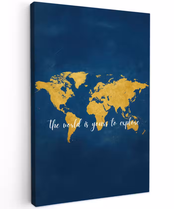 Buiten canvas - Blauw - Wereldkaart - Quote - Explore