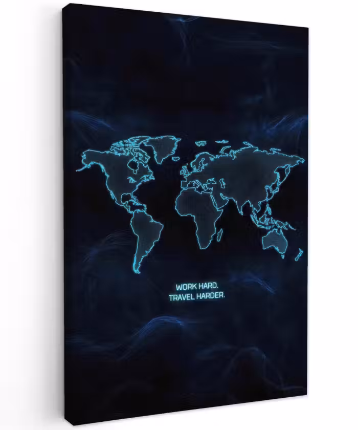 Buiten canvas - Digitaal - Wereldkaart - Blauw - Quote