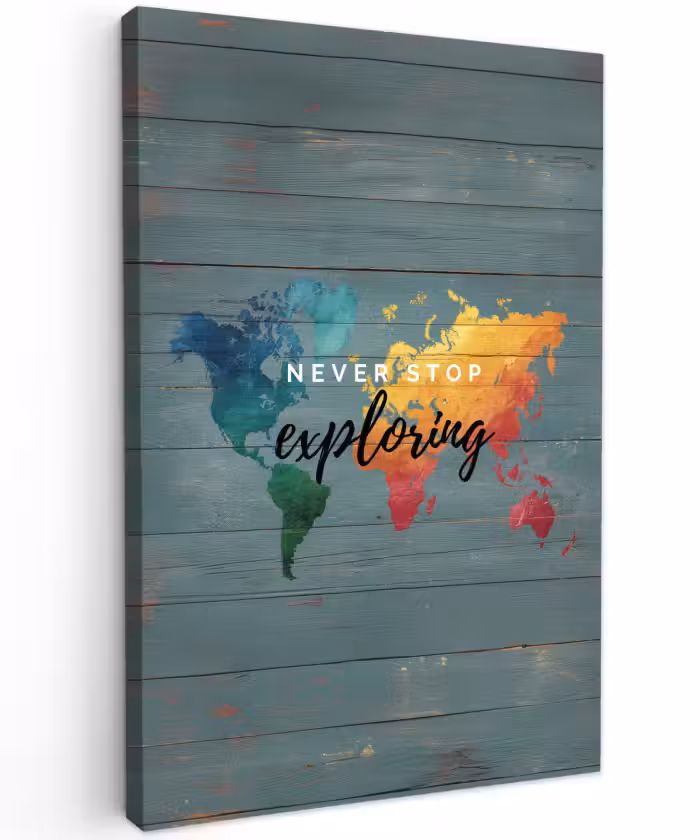 Buiten canvas - Hout - Wereldkaart - Regenboog - Exploring