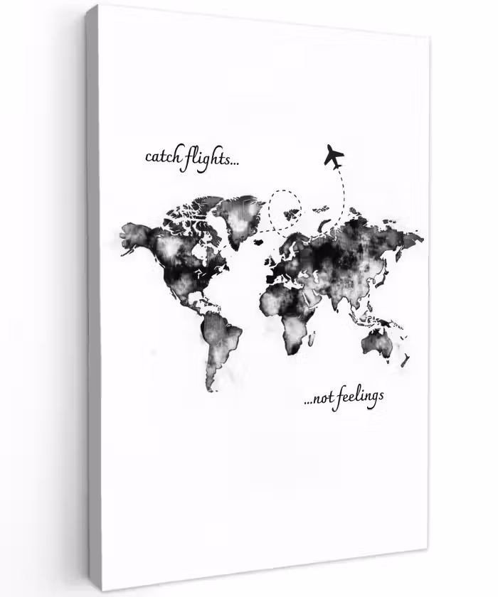 Buiten canvas - Zwart - Quote - Wereldkaart - Vliegen