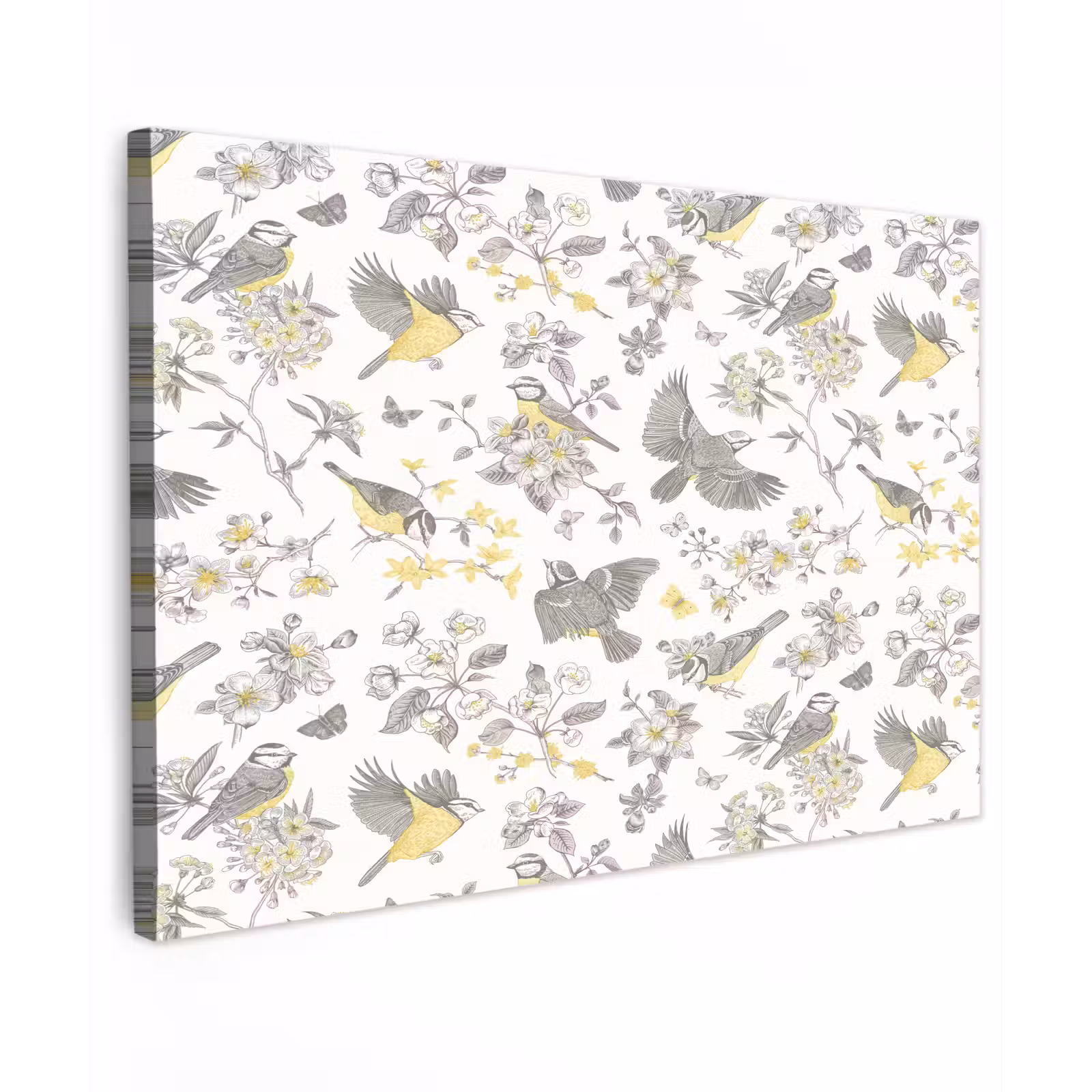 Buiten canvas - Birds - Flowers - Gray - Yellow — 1
