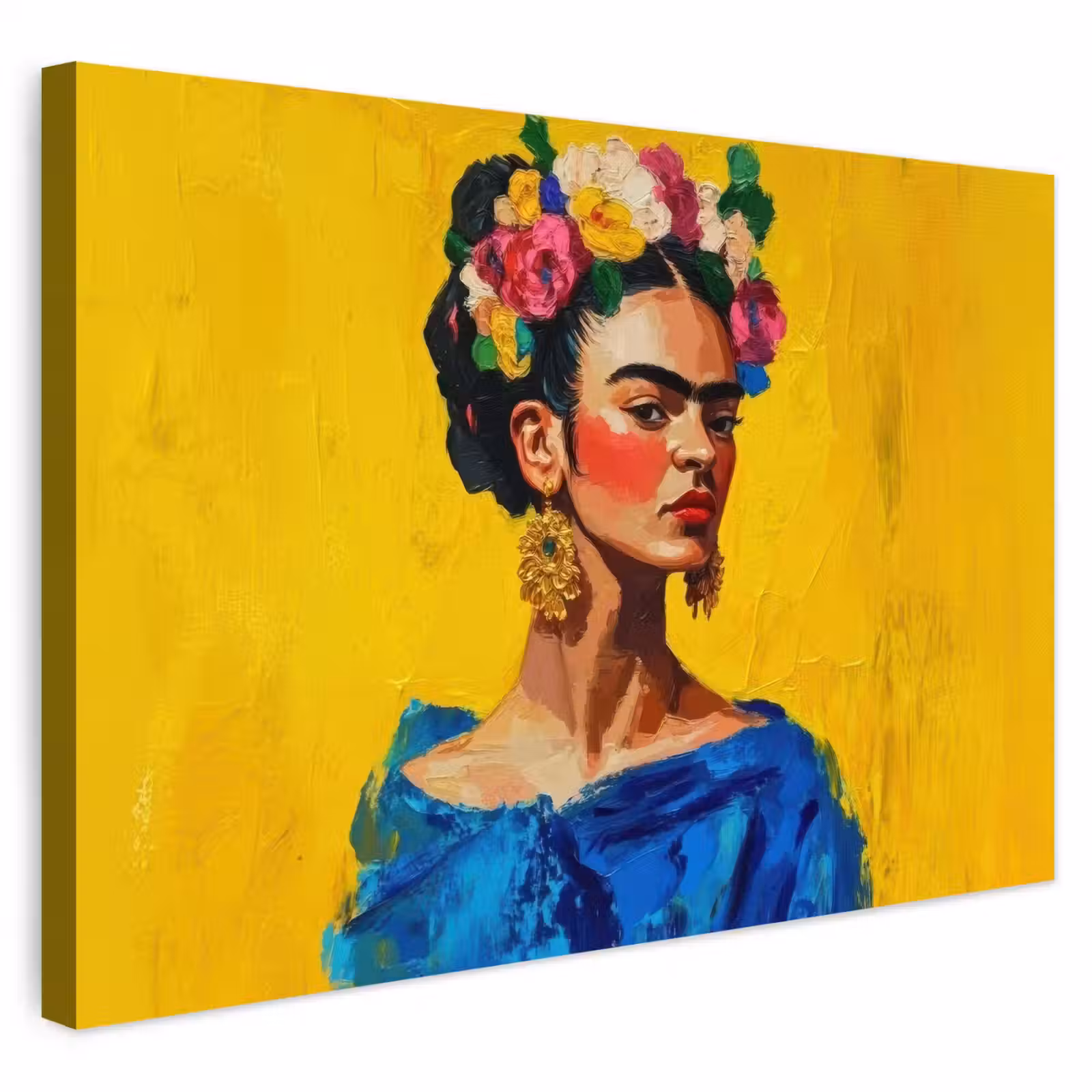 Buiten canvas - Frida Kahlo - Vrouw - Geel - Blauw - Bloemen — 1