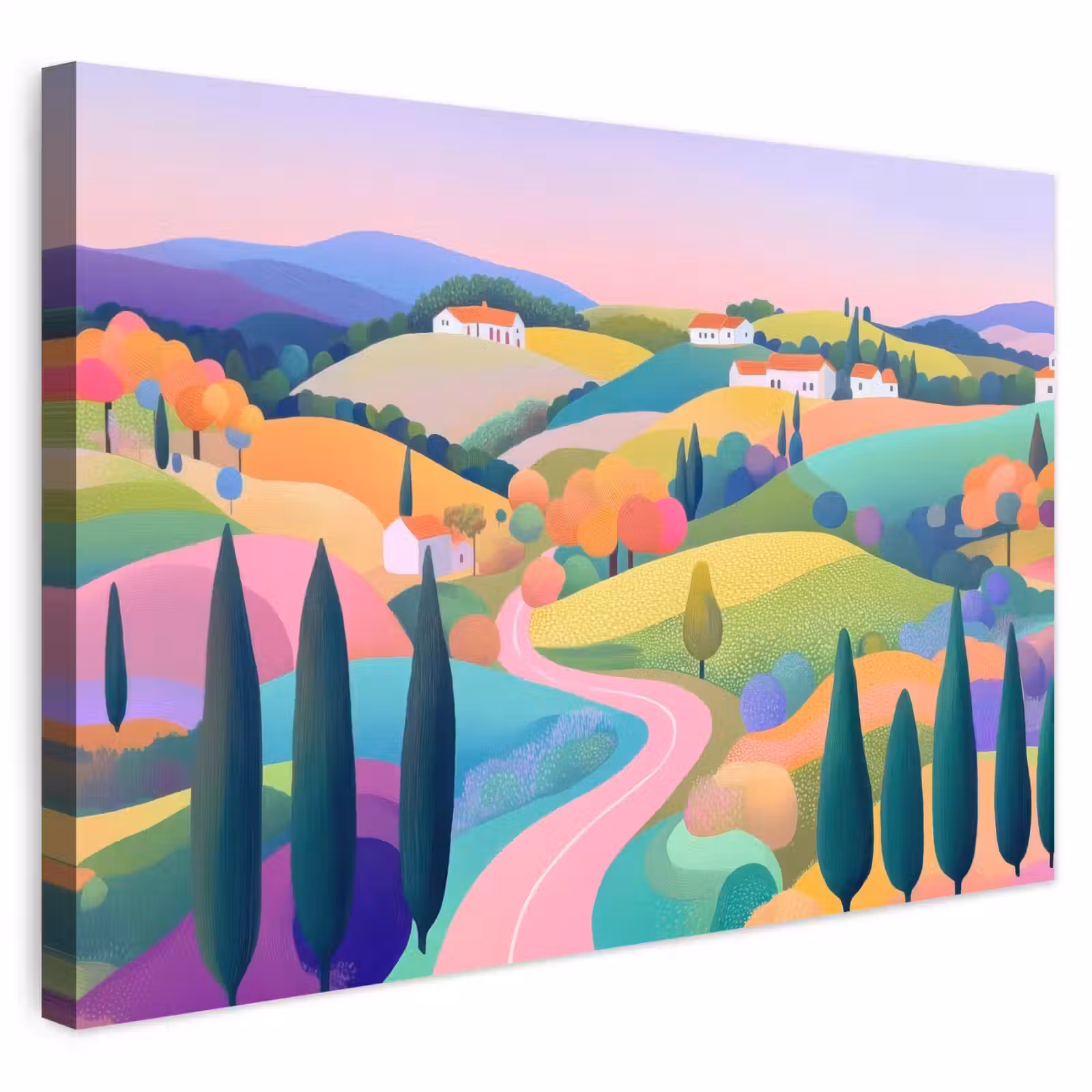 Buiten canvas - Landschap - Paars - Pastel - Huizen — 1