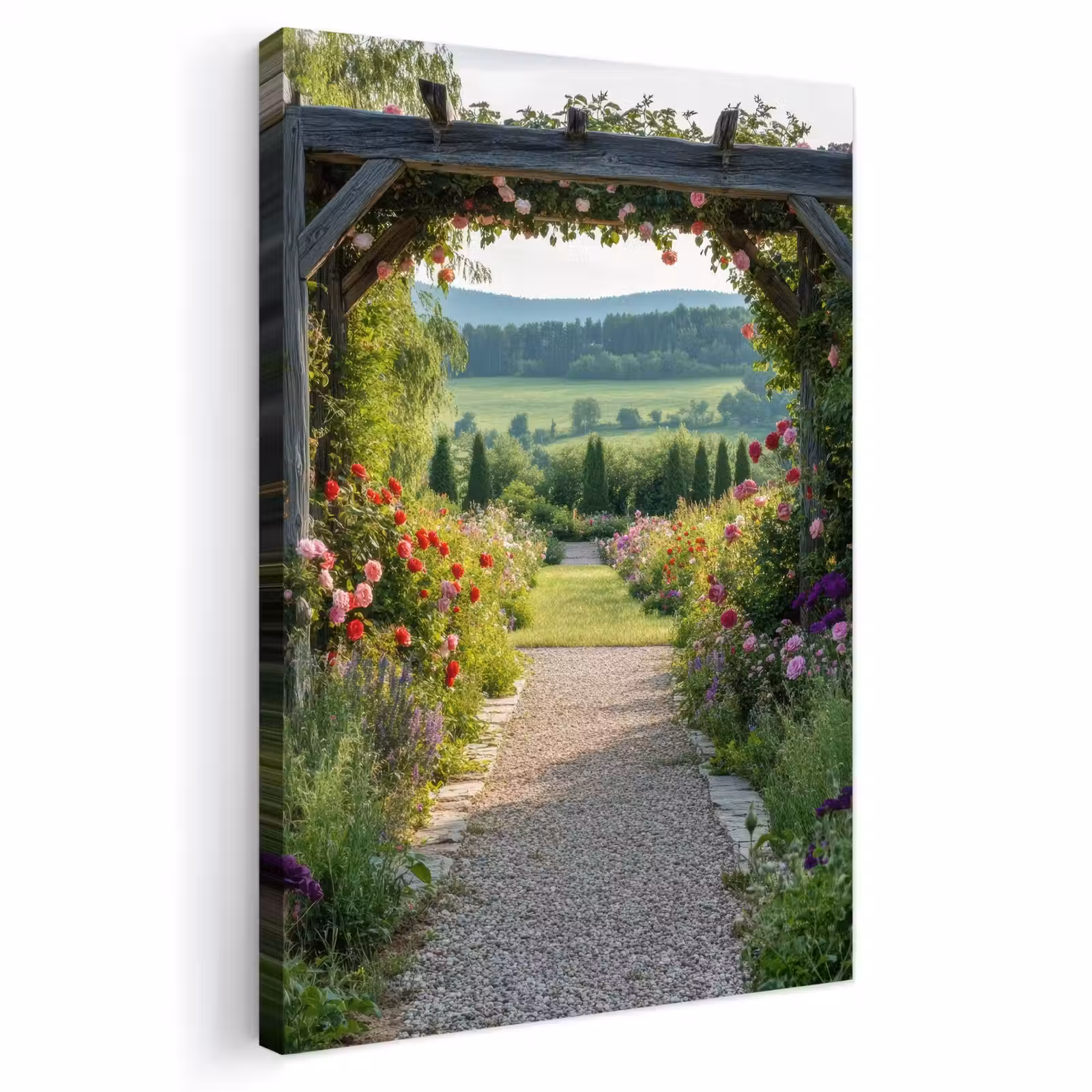 Buiten canvas - Doorkijk - Landschap - Natuur - Tuinboog - Bloemen — 1