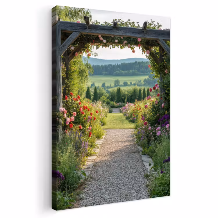 Buiten canvas - Doorkijk - Landschap - Natuur - Tuinboog - Bloemen — 1