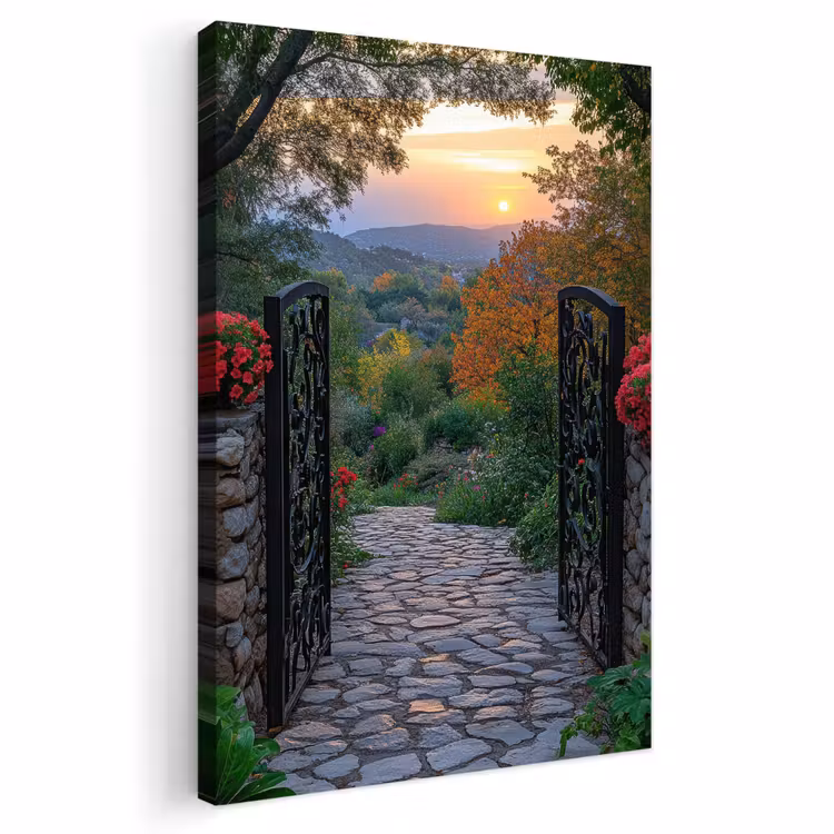 Buiten canvas - Landschap - Hek - Pad - Zonsondergang - Natuur — 1