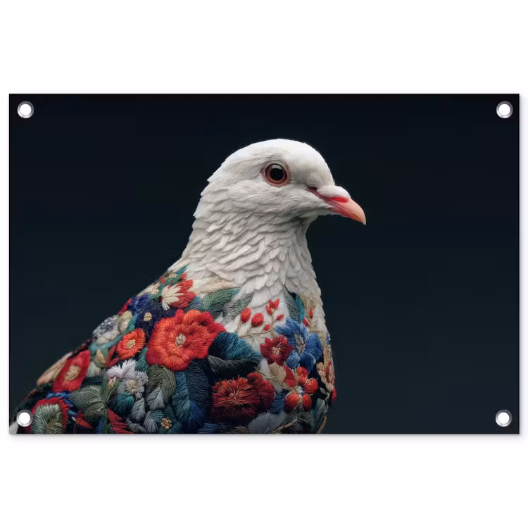 Tuinposter - Duif - Bloemen - Wit - Zwart — 1
