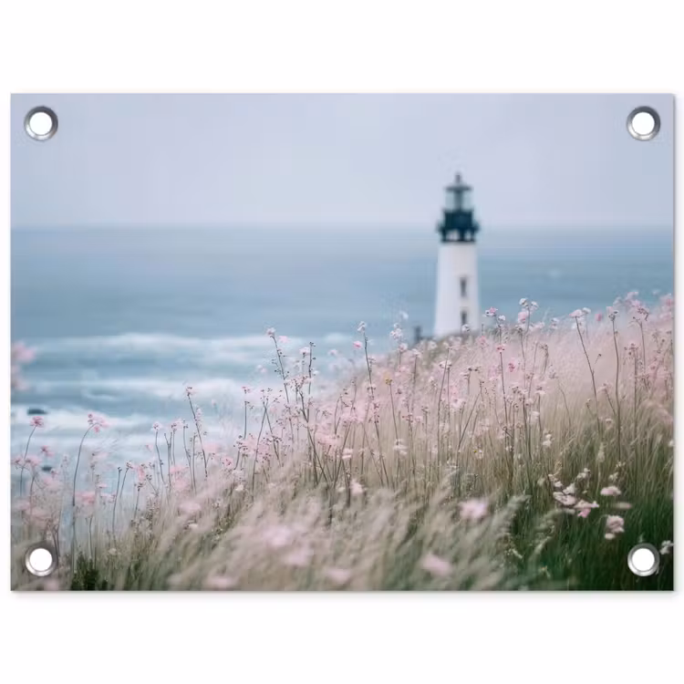 Tuinposter - Vuurtoren - Klif - Zee - Bloemen — 1